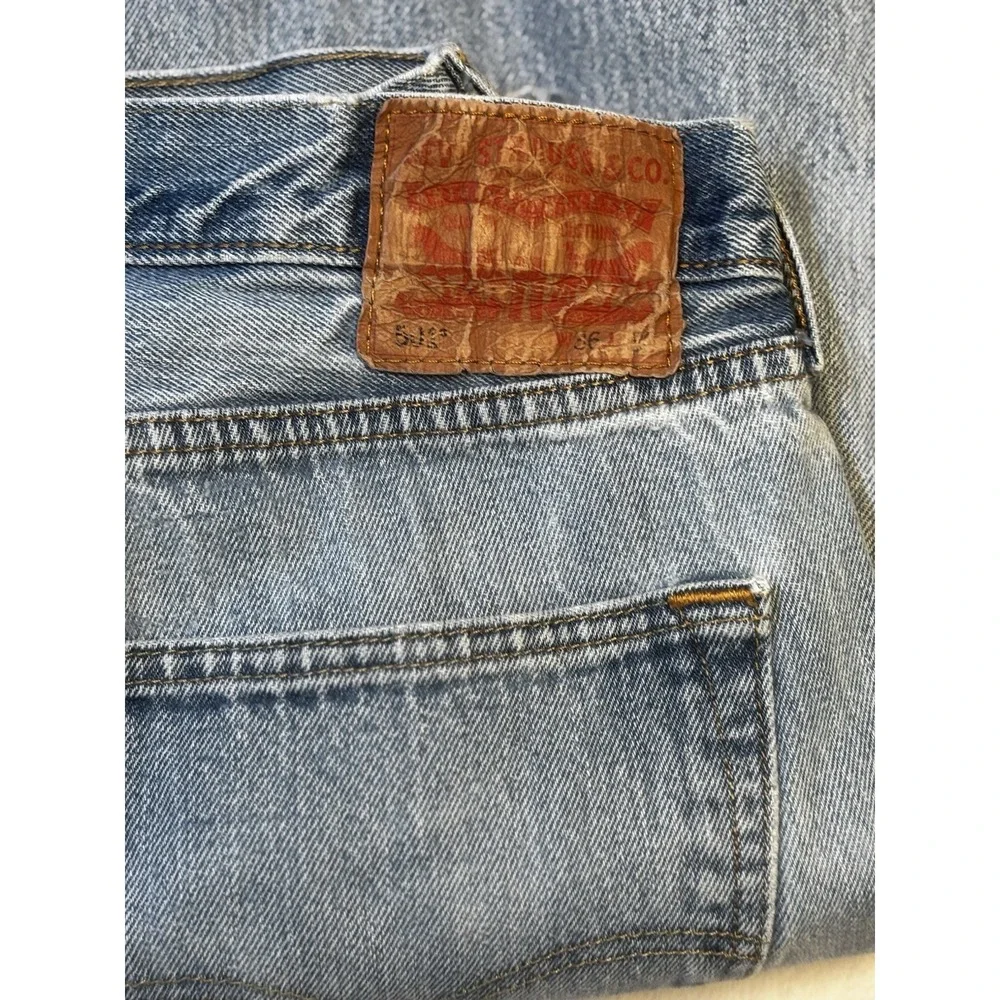Levis 501 Jeans Mens Fit 36x28 Blue Denim Thrashed Straight Holes Raw‎ Hem